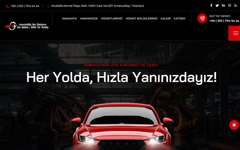 Arnavutköy Oto Kurtarıcı web sitesinin ana sayfa görünümü