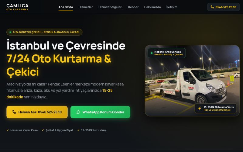 Çamlıca Oto Kurtarma web sitesinin ana sayfa görünümü