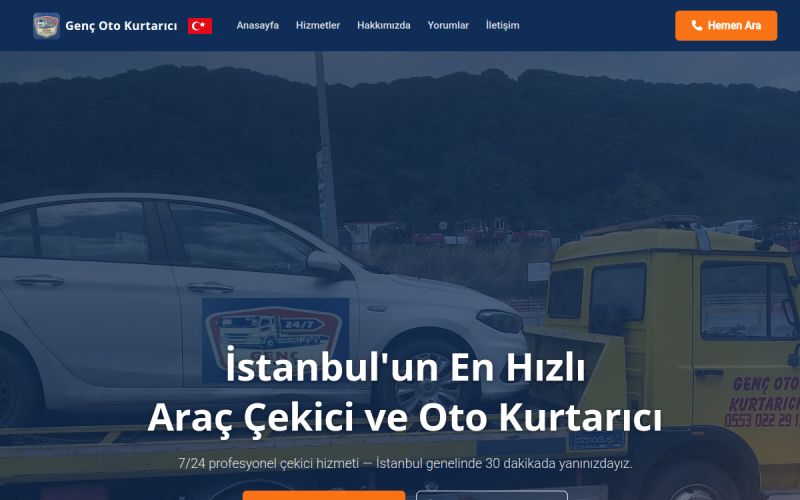 Genç Oto Kurtarıcı web sitesinin ana sayfa görünümü