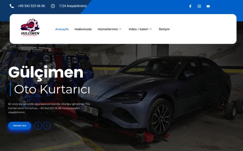 Gülçimen Oto Kurtarıcı web sitesinin ana sayfa görünümü