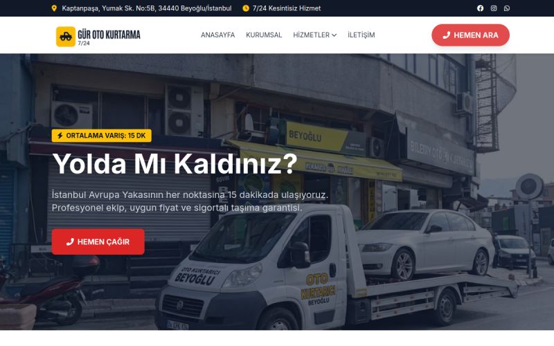 Gür Oto Kurtarma web sitesinin ana sayfa görünümü