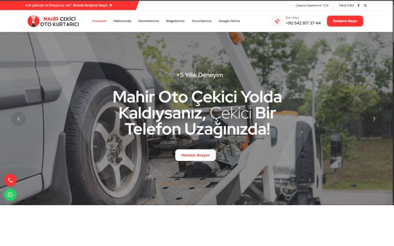Mahir Oto Çekici web sitesinin ana sayfa görünümü