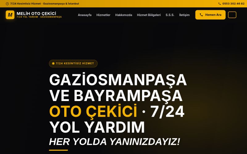 Melih Oto Çekici web sitesinin ana sayfa görünümü