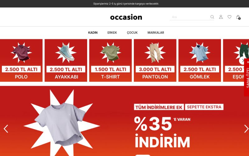 Occasion web sitesinin ana sayfa görünümü