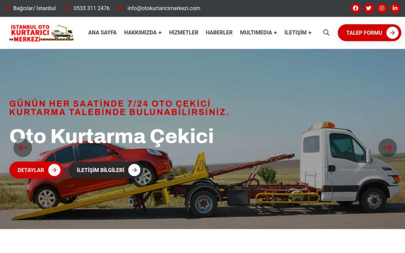 İstanbul Oto Kurtarıcı Merkezi web sitesinin ana sayfa görünümü
