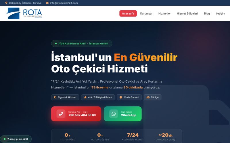 Rota Yol Yardım web sitesinin ana sayfa görünümü