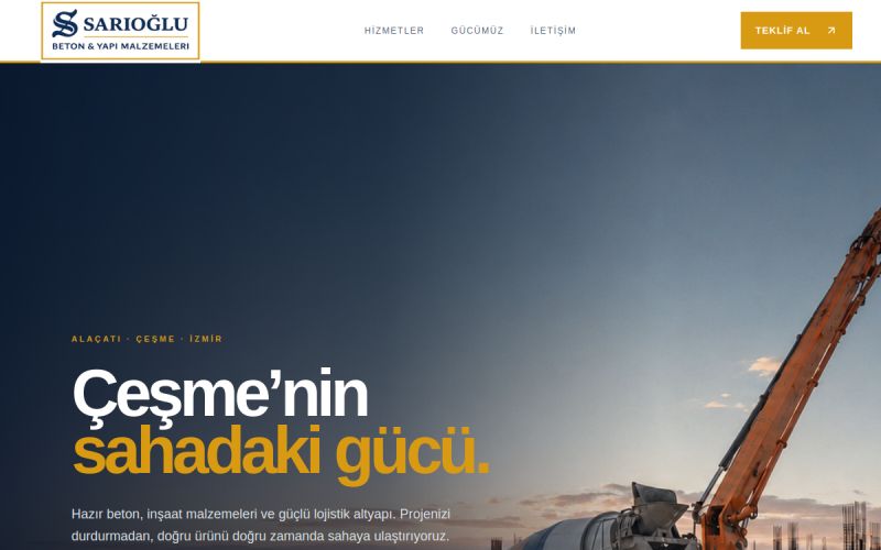 Sarıoğlu Beton ve Yapı Malzemeleri web sitesinin ana sayfa görünümü