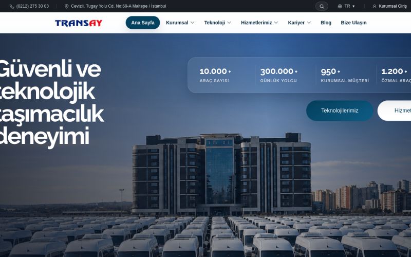 Transay web sitesinin ana sayfa görünümü