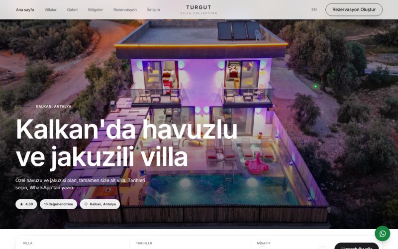 Turgut Villa Collection web sitesinin ana sayfa görünümü